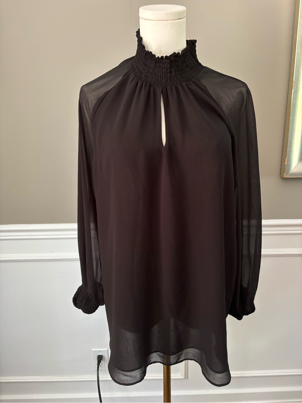 Melanie Lyne Black Smocked Neck Sheer Sleeve Blouse, L